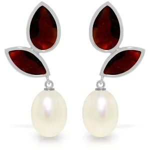 Protruding gem earrings-16 Carat 14K Solid White Gold Chandelier Earrings Pearl Garnet