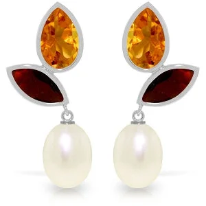 Mottled stone earrings-16 Carat 14K Solid White Gold Earrings Citrine, Garnet Pearl