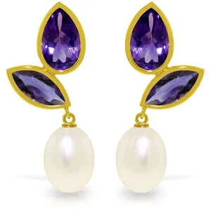 Corded texture earrings-16 Carat 14K Solid Yellow Gold Chandelier Earrings Pearl Amethyst