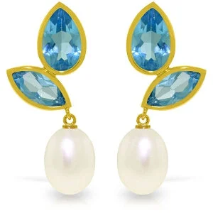 Fine hoop earrings-16 Carat 14K Solid Yellow Gold Chandelier Earrings Pearl Blue Topaz