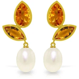 Brushed-edge earrings-16 Carat 14K Solid Yellow Gold Chandelier Earrings Pearl Citrine