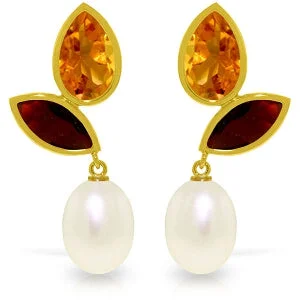 Streamlined earrings-16 Carat 14K Solid Yellow Gold Earrings Citrine, Garnet Pearl