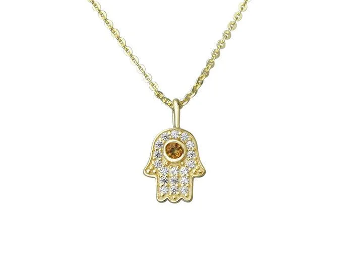 Rough gem necklace-18ct Gold Vermeil Hamsa Pendant Necklace with Cubic Zirconia Detail