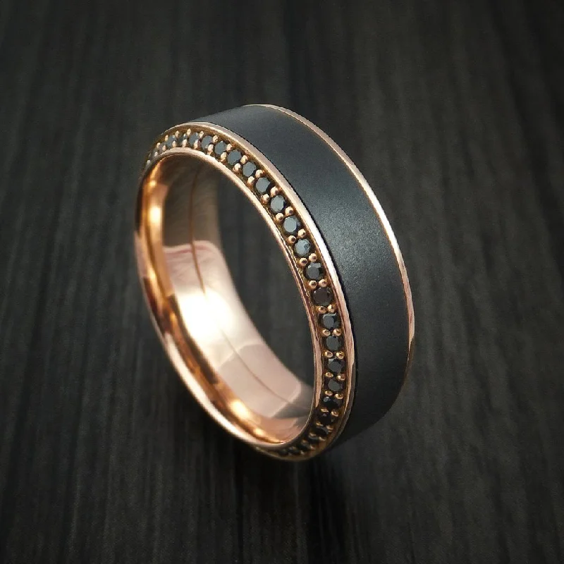 Molten gold ring-18K Rose Gold Men's Ring with Elysium Black Diamond Inlay and Eternity Set Black Diamonds Custom Made Band