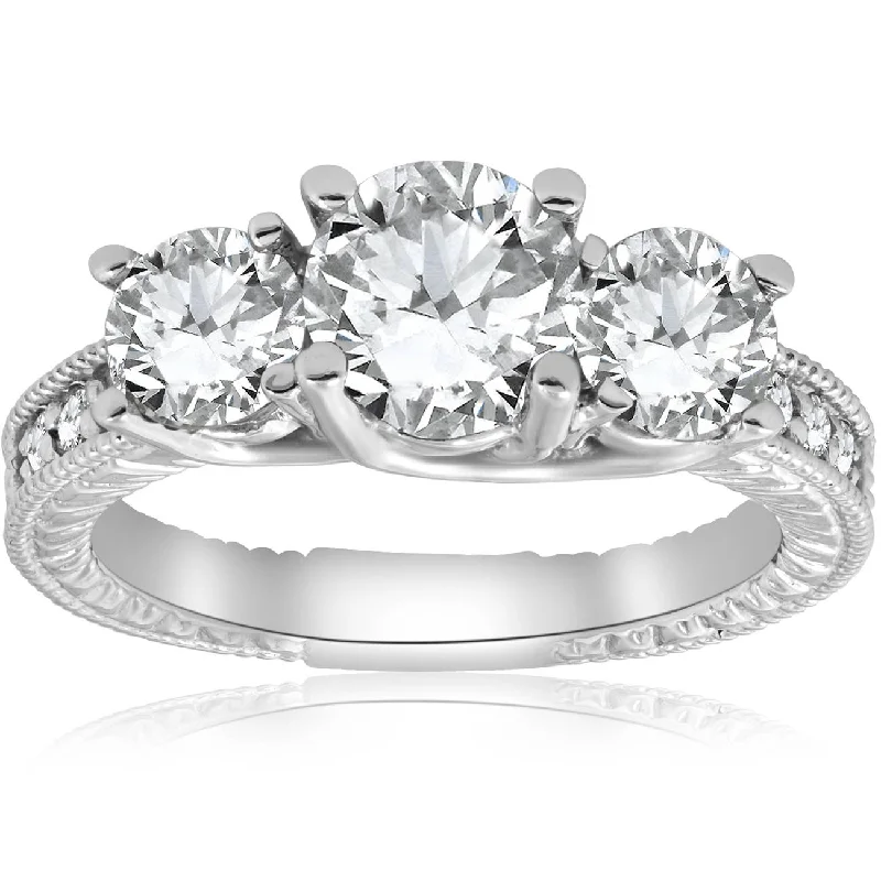 Raindrop ring-2 1/2ct Vintage 3-Stone Lab Grown Diamond Engagement Ring 14K White Gold