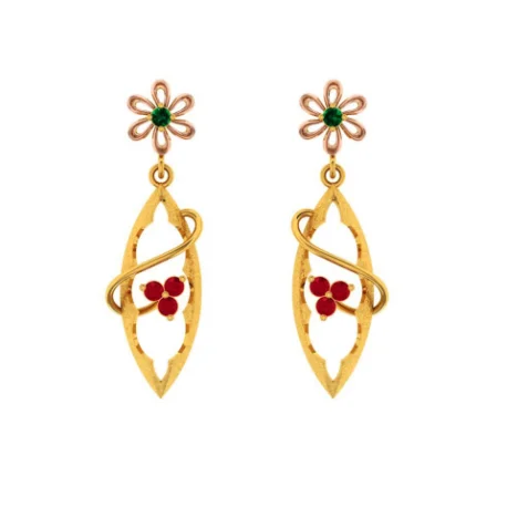 Swept design earrings-22k Gold Earrings With Green And Red Stones Embedded Into Feminine Design