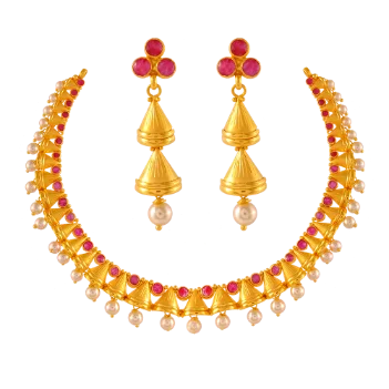 Bold agate earrings-22k Gold Necklace Earrings Set For New Brides With Pearl & Red Stones