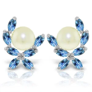 Tall bar earrings-3.25 Carat 14K Solid White Gold Stud Earrings Blue Topaz Pearl