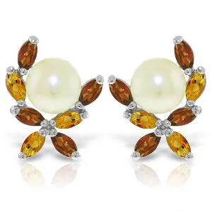 Pointed stone earrings-3.25 Carat 14K Solid White Gold Stud Earrings Garnet, Citrine Pearl