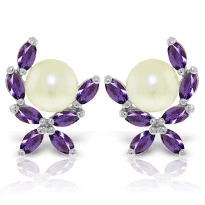 Fine filigree earrings-3.25 Carat 14K Solid White Gold Stud Earrings Natural Amethyst Pearl