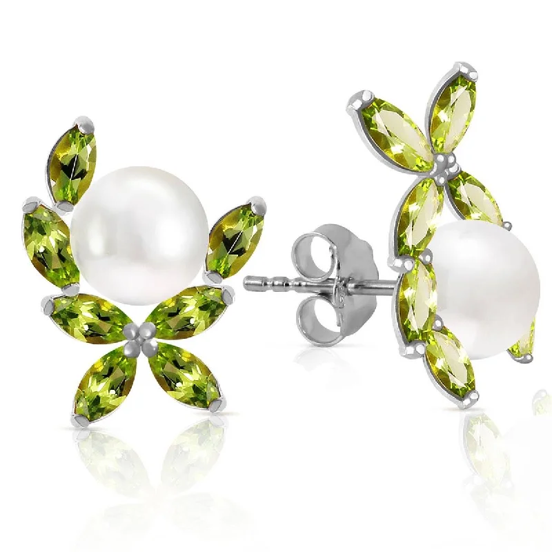 Classic-style opal earrings-3.25 Carat 14K Solid White Gold Stud Earrings Natural Peridot Pearl