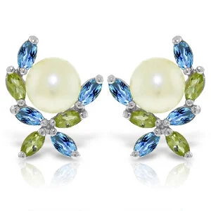 Deep hematite earrings-3.25 Carat 14K Solid White Gold Stud Earrings Peridot, Blue Topaz Pearl