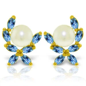 Flat cabochon earrings-3.25 Carat 14K Solid Yellow Gold Stud Earrings Blue Topaz Pearl