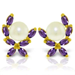 Edgy titanium earrings-3.25 Carat 14K Solid Yellow Gold Stud Earrings Natural Amethyst Pearl