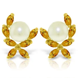 Corded texture earrings-3.25 Carat 14K Solid Yellow Gold Stud Earrings Natural Citrine Pearl