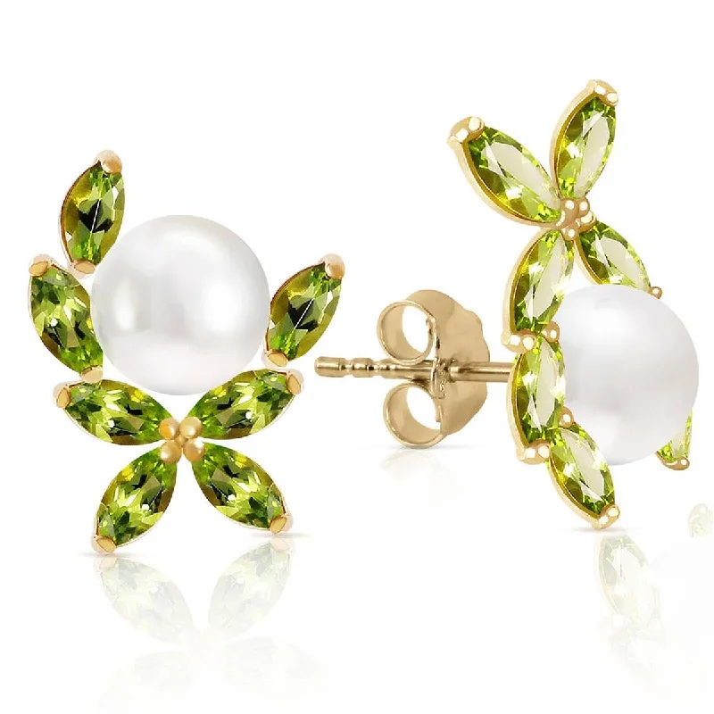 Glimmering crystal earrings-3.25 Carat 14K Solid Yellow Gold Stud Earrings Natural Peridot Pearl