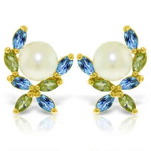 Ridge gem earrings-3.25 Carat 14K Solid Yellow Gold Stud Earrings Peridot, Blue Topaz Pearl