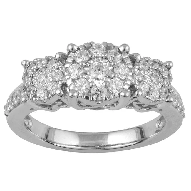 Glimmering crystal ring-3/4 CTW Diamond Three Stone Cluster Ring in 10KT White Gold