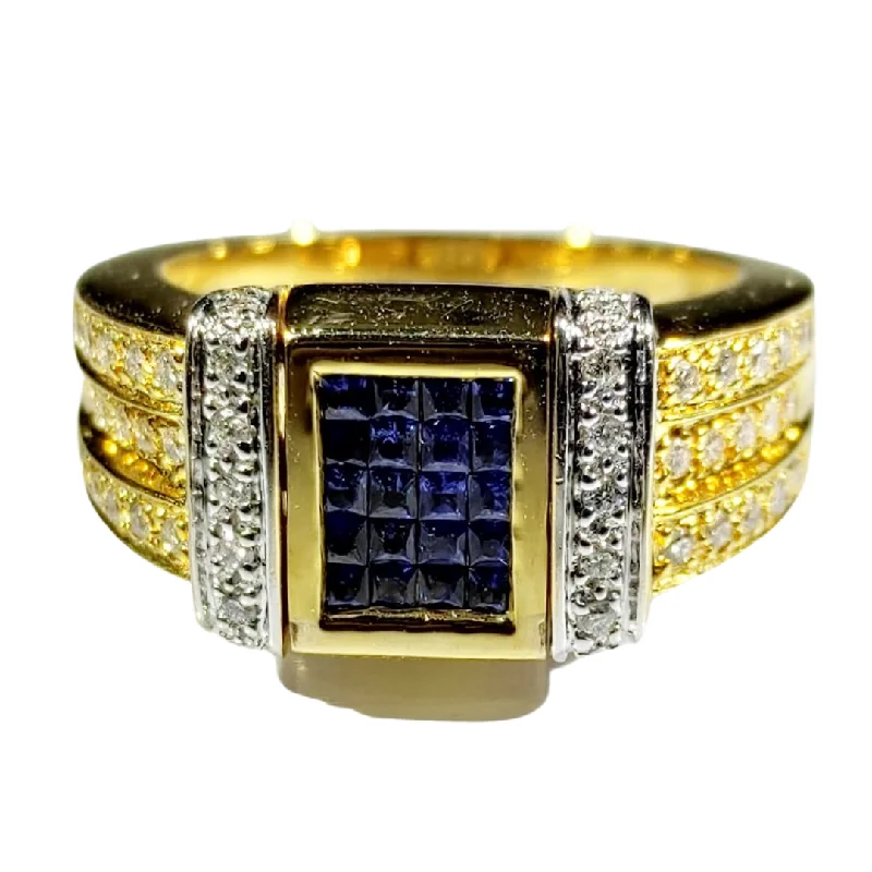 Three-gem ring-.40ctw Blue Sapphire Square Cluster Diamond Men's Ring 14K Gold