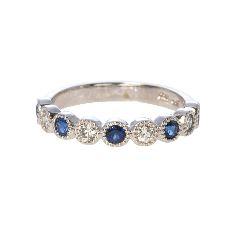 Winding pattern ring-Sapphire & Diamond Bezel Milgrain Halfway 14K White Gold Band