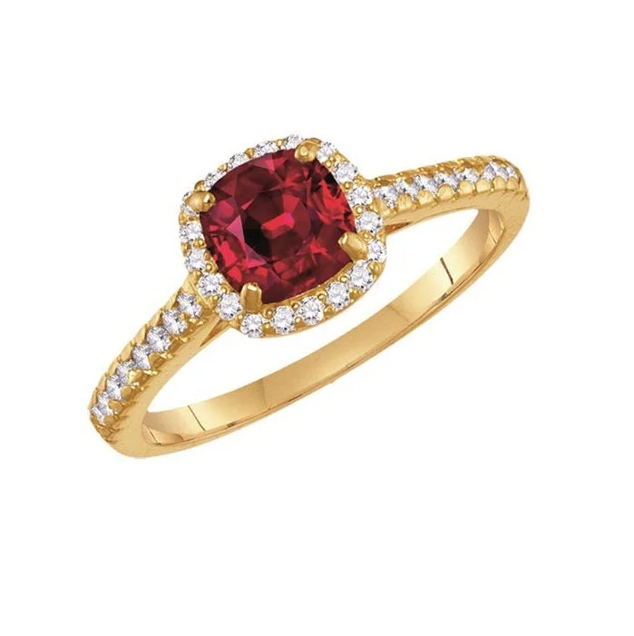 Pearlized stone ring-6MM Cushion Ruby and White Sapphire Birthstone Ring in 10KT Yellow Gold