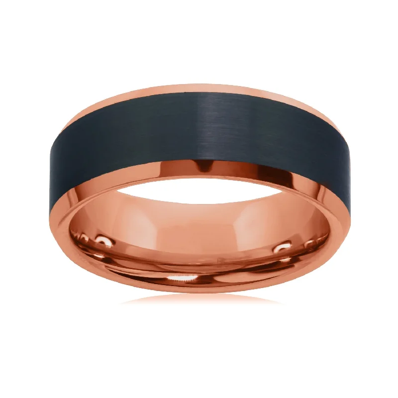 Low-set gem ring-8MM Wedding Ring in Rose Tungsten with Black Satin Center