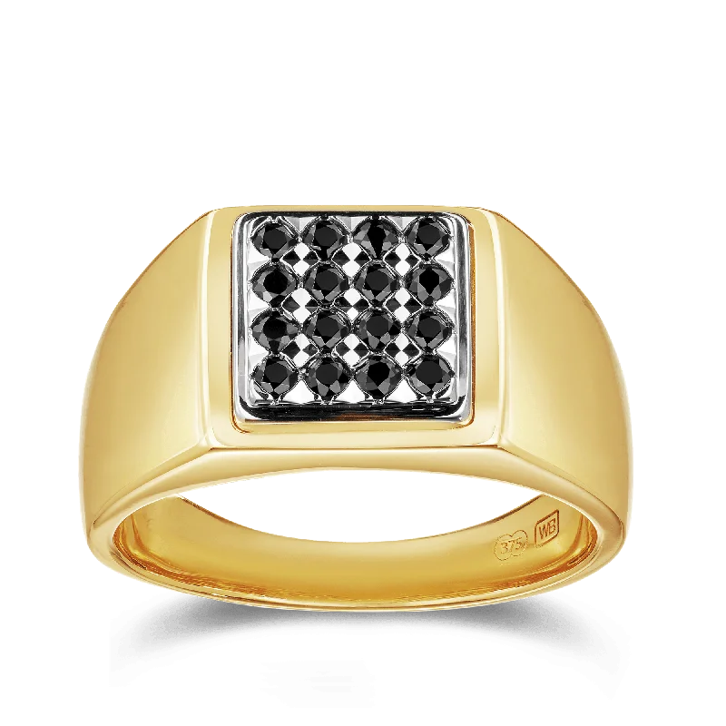 Pearlized opal ring-Men's Black Sapphire Square Signet Ring in 9ct Yellow and White Gold