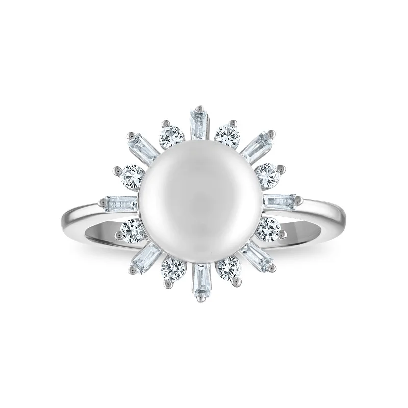 Pearlized platinum ring-9MM Round Pearl and White Sapphire Fashion Ring in Rhodium Plated Sterling Silver