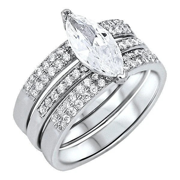 Flecked enamel ring-Abrielle: 2.8ct Marquise Cut IOF CZ 2 pc Micro Pave Wedding Ring Set