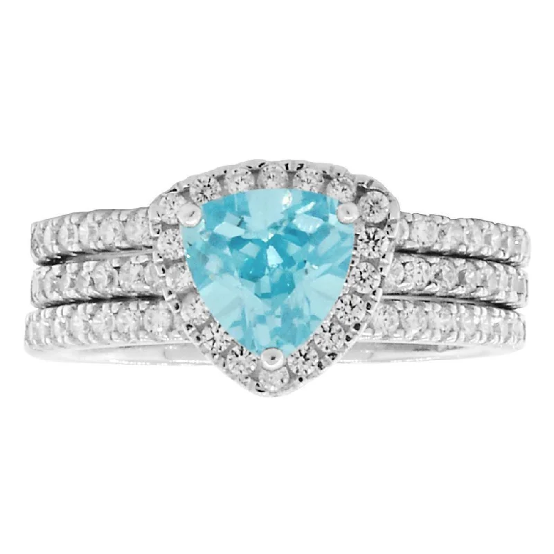 Eclipse moon ring-Acotas 3: 2.14ct Aquamarine Ice CZ Halo Semi-eternity 3 pc Wedding Set