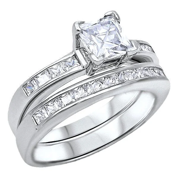 Flat cabochon ring-Adina: 2.25ct Princess Cut IOF CZ 2 pc Channel-set Wedding Ring Set