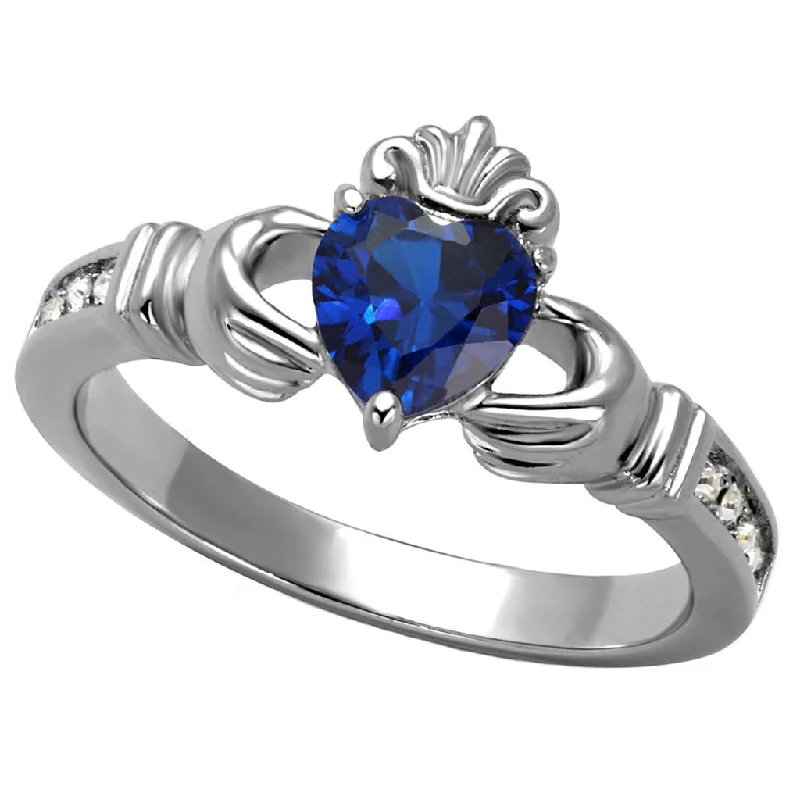 Bold emerald ring-Aine: 0.87ct Simulated Blue Sapphire Gemstone Claddagh Promise Ring