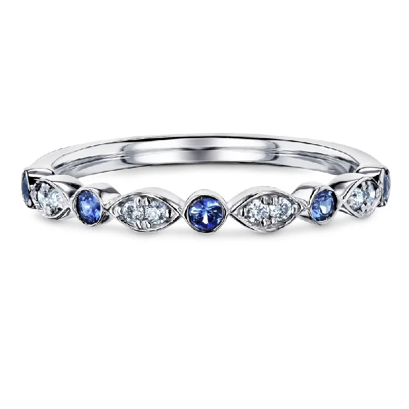 Precision cut ring-Annello by Kobelli 14k Gold 1/5ct.tw Bezel Blue Sapphire and Pave Diamond Patterned Stackable Women's Band