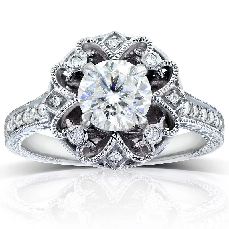 Vivid stone ring-Annello by Kobelli 14k White Gold 1 1/5ct TGW Forever One Moissanite and Diamond Antique Floral Extravagant Engagement Ring