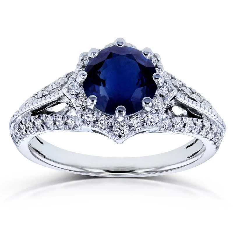 Embossed pattern ring-Annello by Kobelli 14k White Gold Blue Sapphire and 1/3ct TDW Diamond Star Halo Engagement Ring (H-I, I1-I2)