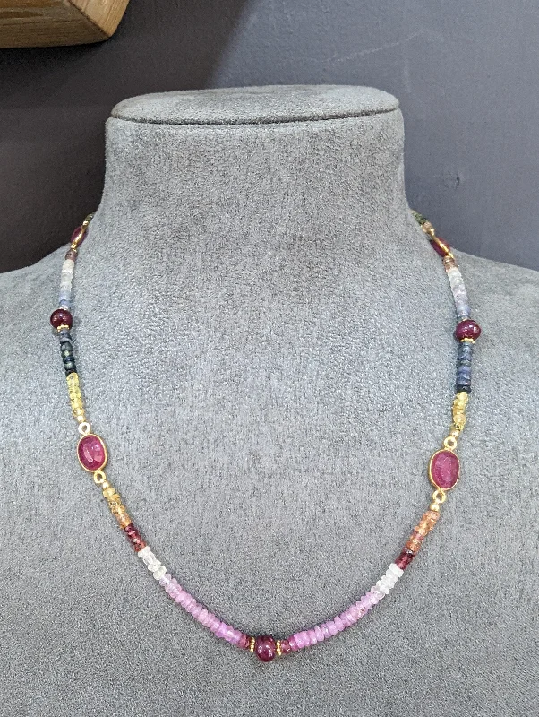 Pearlized stone necklace-18ct Gold Vermeil Sapphire and Ruby Necklace