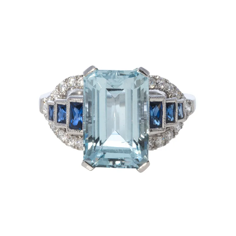 Sleek cobalt ring-Aquamarine, Sapphire & Diamond 18K White Gold Ring