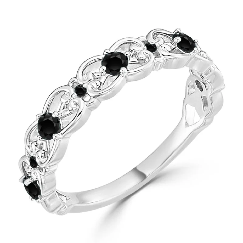 Tarnished gold ring-Auriya 10k Gold 1/3ctw Petite Scrolled Stackable Black Diamond Wedding Band