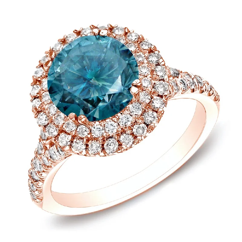 Soft bend ring-Auriya 14k Rose Gold 1 5/8ct TDW Blue Diamond Double Halo Engagement Ring