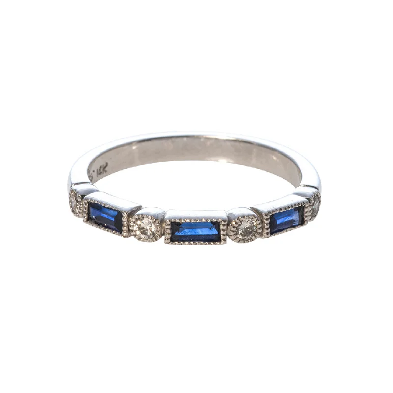 Low-set gem ring-Baguette Sapphire & Diamond Milgrain Halfway 14K Gold Band