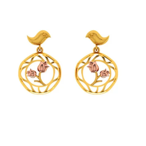 Rough gem earrings-Beautiful 22k Gold Earrings With A Cute Bird And Floral Design