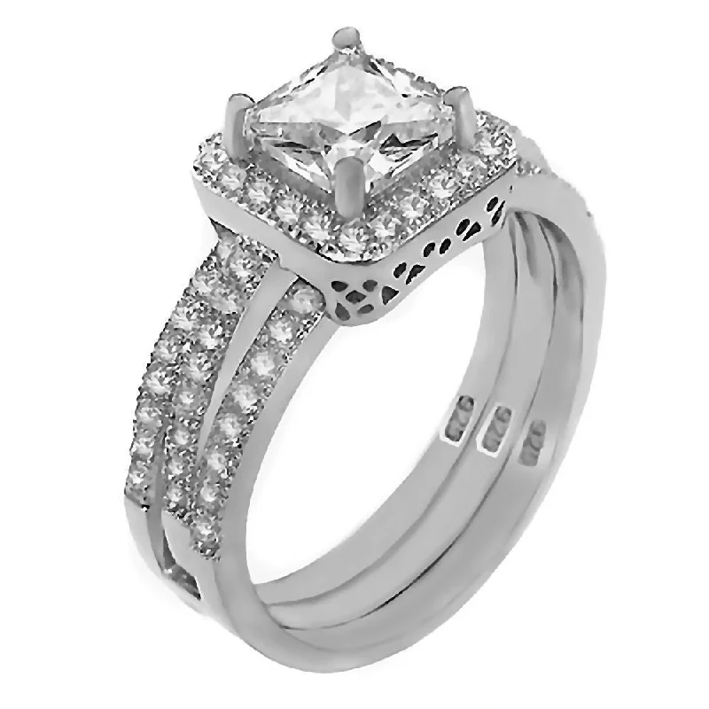 Rounded gem ring-Bebe: 1.69ct Russian IOF CZ 2 pc Wedding Ring Set with Ring Guard