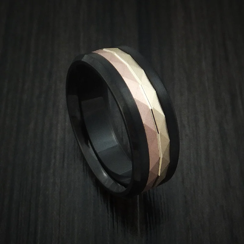 Latched ring-Black Cobalt and 14k Yellow and Rose Gold Inlay Custom Made Men's Band