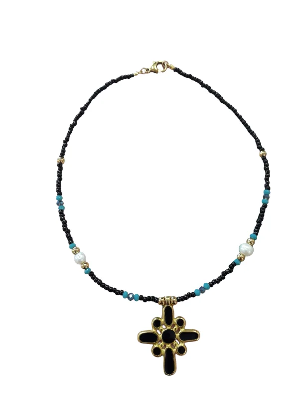 Open-sun necklace-Black Enamel Cross Necklace