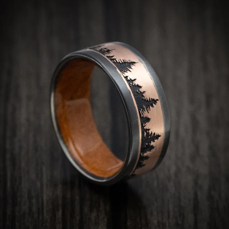 Classic lapis ring-Black Titanium and Gold Spruce Pine Tree Design Men's Ring with Wood Sleeve