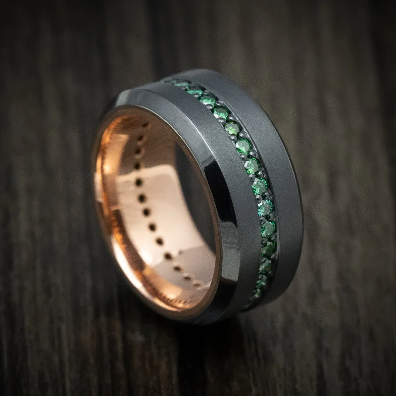 Streamlined ring-Black Titanium and Green Diamond Men's Ring with 14K Gold Sleeve Custom Made Band