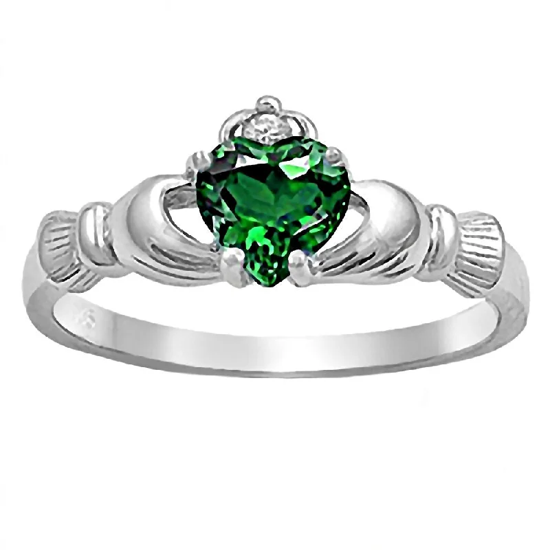 Bent stone ring-Brandi: 0.765ct Heart cut Created Green Emerald Claddagh Ring Silver