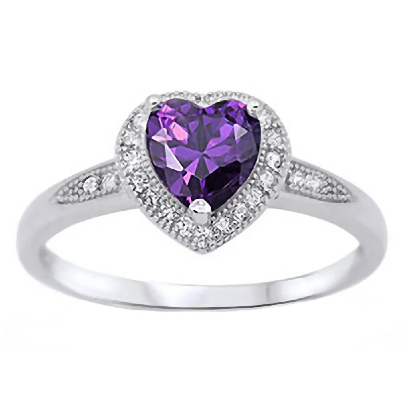 Deep hematite ring-Brisha: 0.87ct Heart cut Simulated Amethyst with Round IOF CZ Halo Promise Ring