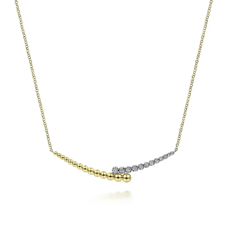 Burnished pewter necklace-Bujukan Diamond Beaded Bar Necklace in White and Yellow Gold, 0.17 cttw