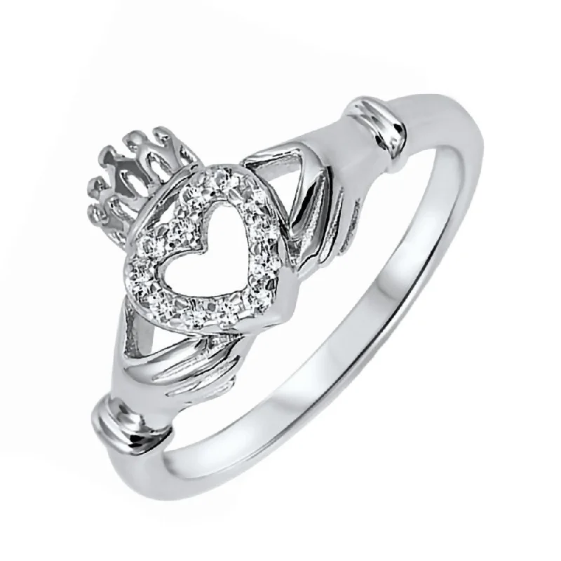 Angled design ring-Cagney: 0.18ct Brilliant cut Russian IOF CZ Claddagh Ring 925 Silver